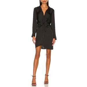 Steve Madden Tie Curious Long Sleeve Shirtdress Button Up Satin Black Womens M